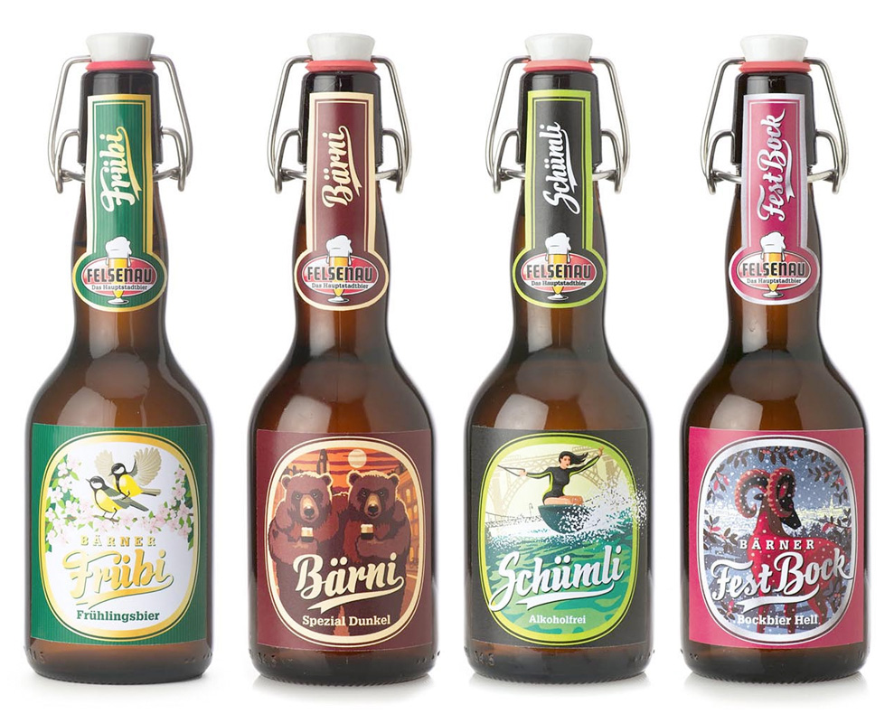 Bierflaschen der Brauerei Felsenau mit Etiketten von Hannes Saxer